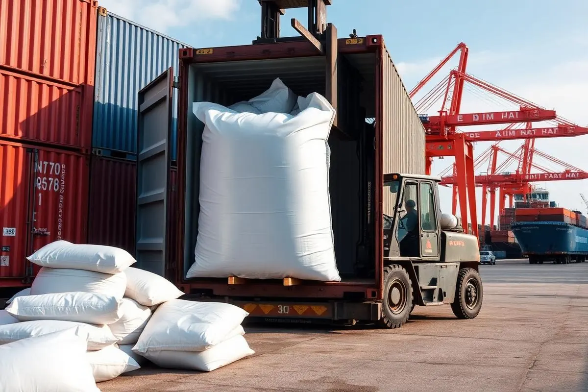 Limanda big-bag ambalajlı mineralin forkliftle konteynere yüklenmesi