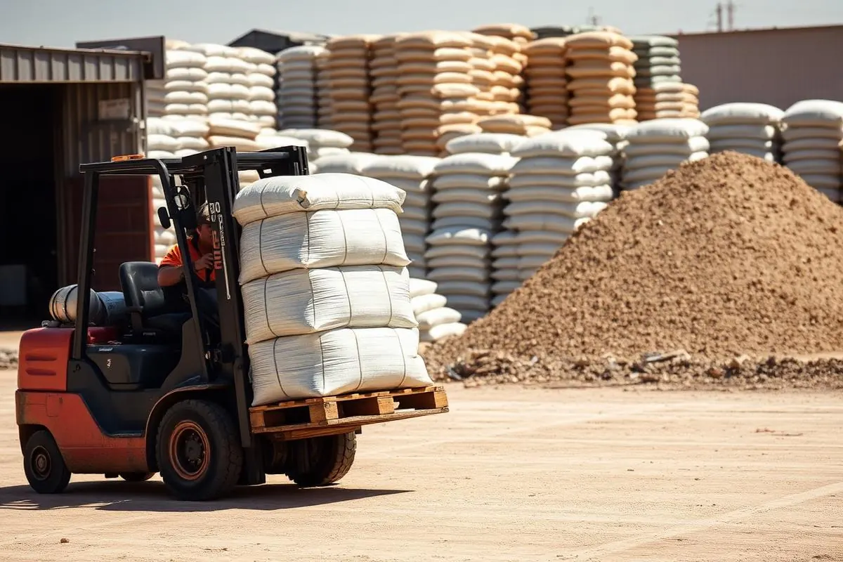 İzmir dolomit taşı sevkiyatı — Forkliftin paletlenmiş ambalajlı mineral yükünü sahada taşıması
