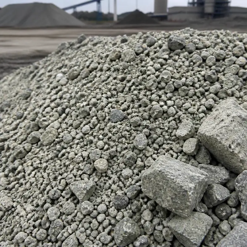 Granüle yüksek fırın cürufu yığını — koyu gri, köşeli 0-20 mm taneler